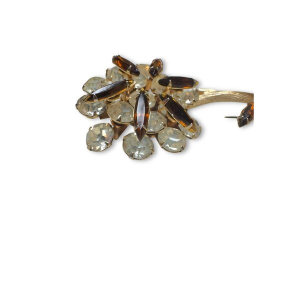 Unsigned Brown Clear Crystal Layered Glass Gold Flower Brooch - Picture 7 of 11